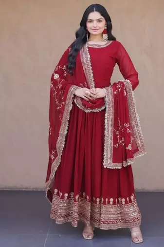 Maroon zari embroidered blooming gown with dupatta