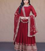 Maroon zari embroidered blooming gown with dupatta