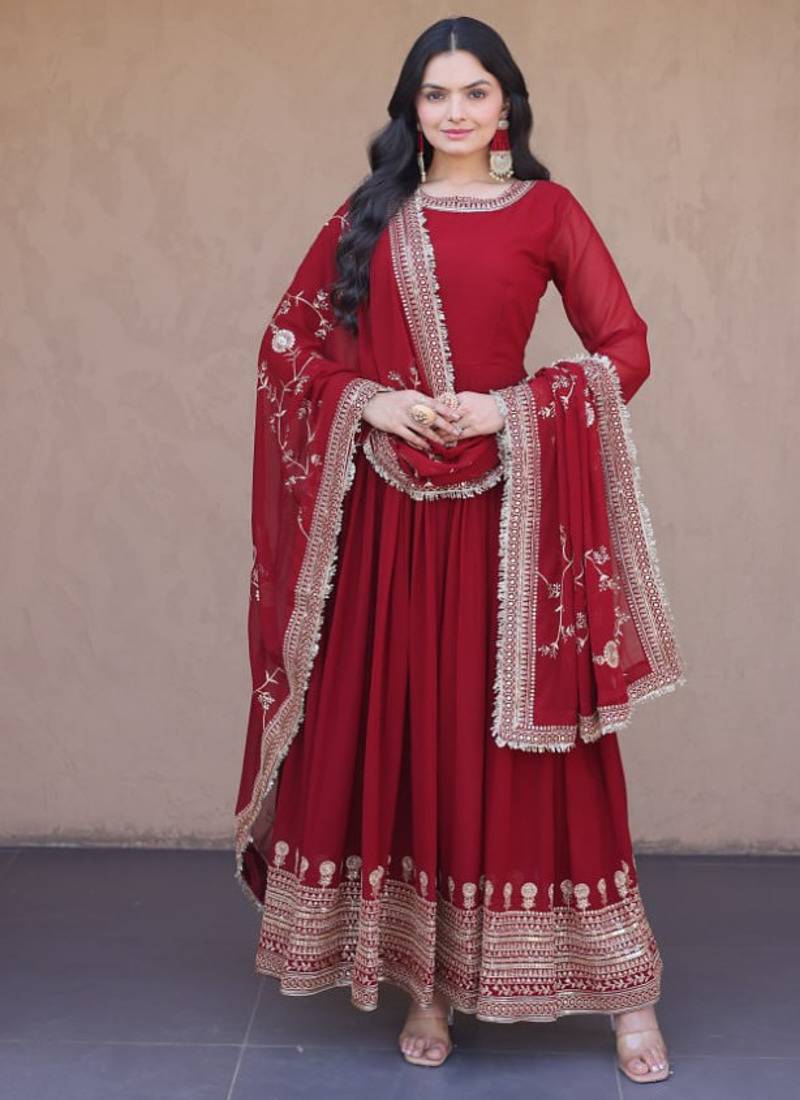 Maroon zari embroidered blooming gown with dupatta