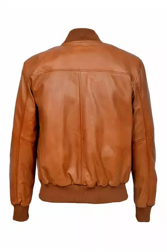 Men's tan leather casual style bomber jacket
