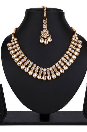 White color necklace set with earrings & maang tikka | kundan & agate stone | antique gold plating