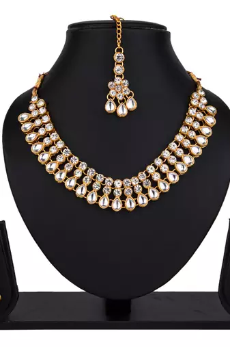 White color necklace set with earrings & maang tikka | kundan & agate stone | antique gold plating