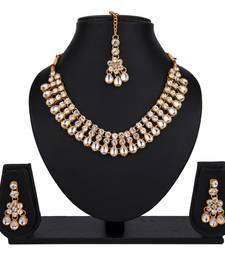 White color necklace set with earrings & maang tikka | kundan & agate stone | antique gold plating
