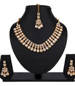 White color necklace set with earrings & maang tikka | kundan & agate stone | antique gold plating