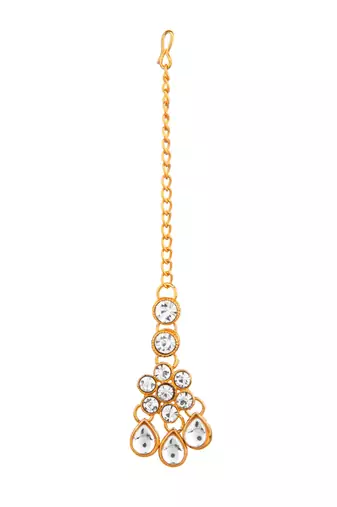 White color necklace set with earrings & maang tikka | kundan & agate stone | antique gold plating