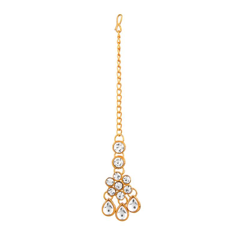 White color necklace set with earrings & maang tikka | kundan & agate stone | antique gold plating