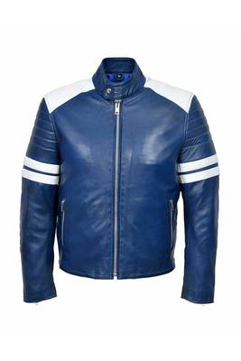 Men's blue leather genuine casual style white strip jacket 1
