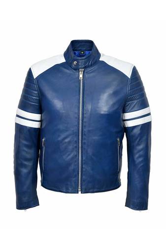 Men's blue leather genuine casual style white strip jacket