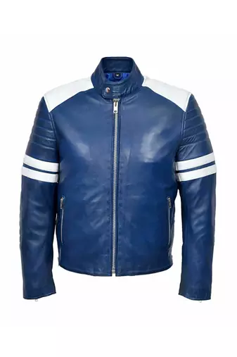 Men's blue leather genuine casual style white strip jacket