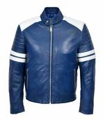 Men's blue leather genuine casual style white strip jacket