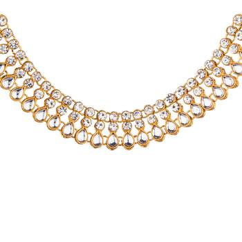 White color necklace set with earrings & maang tikka | kundan & agate stone | antique gold plating 5