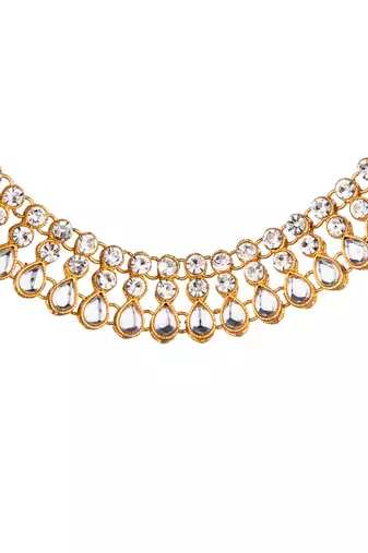 White color necklace set with earrings & maang tikka | kundan & agate stone | antique gold plating