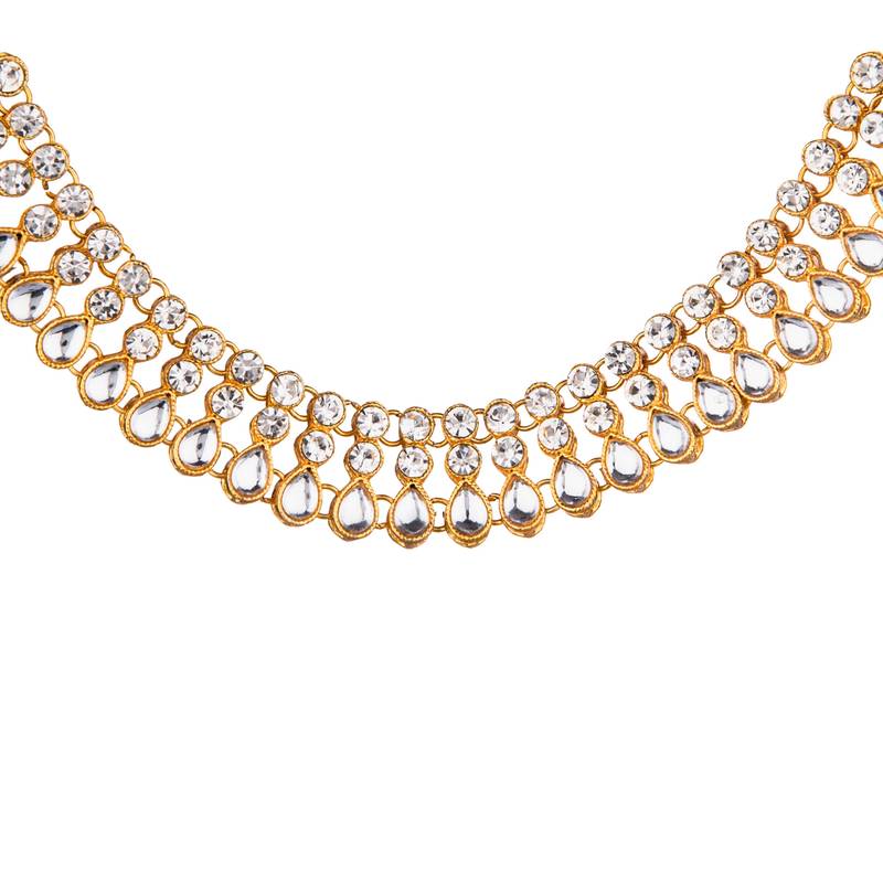 White color necklace set with earrings & maang tikka | kundan & agate stone | antique gold plating
