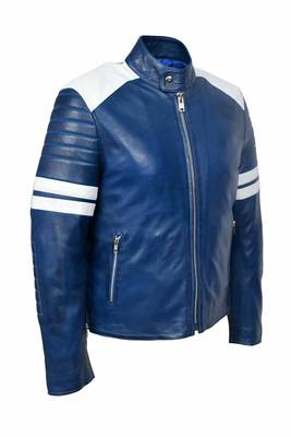 Men's blue leather genuine casual style white strip jacket 2