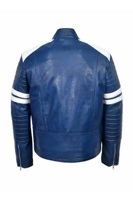 Men's blue leather genuine casual style white strip jacket 3
