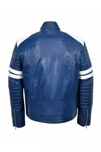Men's blue leather genuine casual style white strip jacket