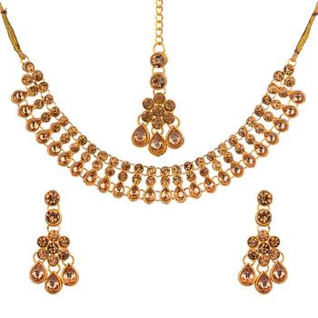 Lct color necklace set with earrings & maang tikka | kundan & agate stone | antique gold plating 2