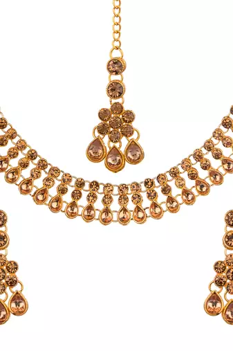Lct color necklace set with earrings & maang tikka | kundan & agate stone | antique gold plating
