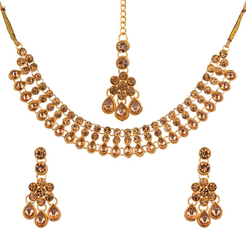 Lct color necklace set with earrings & maang tikka | kundan & agate stone | antique gold plating