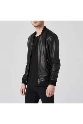 Men's black leather modern fit genuine bomber jacket 1