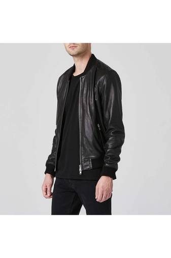 Men's black leather modern fit genuine bomber jacket