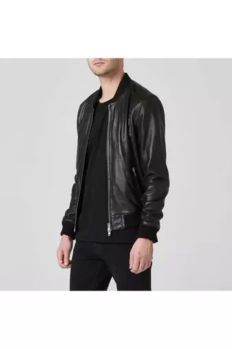 Men's black leather modern fit genuine bomber jacket