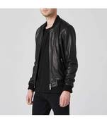 Men's black leather modern fit genuine bomber jacket