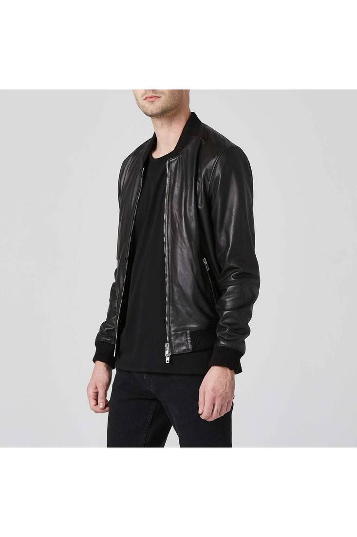 Men's black leather modern fit genuine bomber jacket