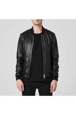 Men's black leather modern fit genuine bomber jacket 2