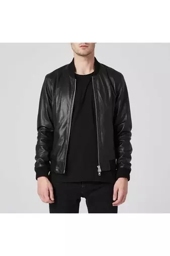 Men's black leather modern fit genuine bomber jacket