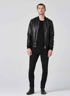 Men's black leather modern fit genuine bomber jacket 3