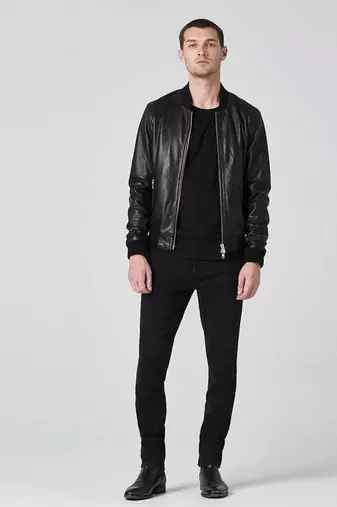 Men's black leather modern fit genuine bomber jacket