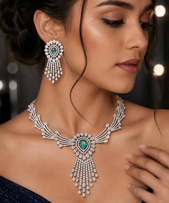emerald green pear cut cz bridal necklace earrings set, silver art deco statement jewellery 1