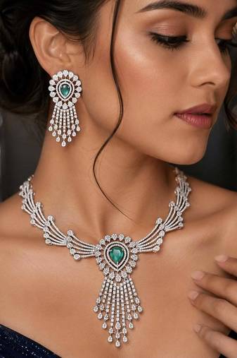 emerald green pear cut cz bridal necklace earrings set, silver art deco statement jewellery
