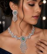 emerald green pear cut cz bridal necklace earrings set, silver art deco statement jewellery