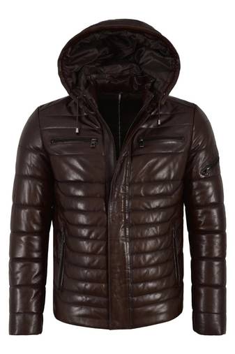 Men's brown leather real lambskin handcrafted puffer jacket