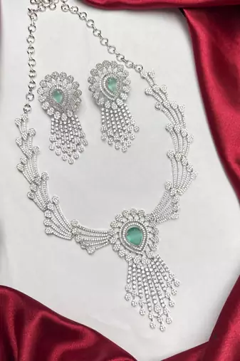 emerald green pear cut cz bridal necklace earrings set, silver art deco statement jewellery