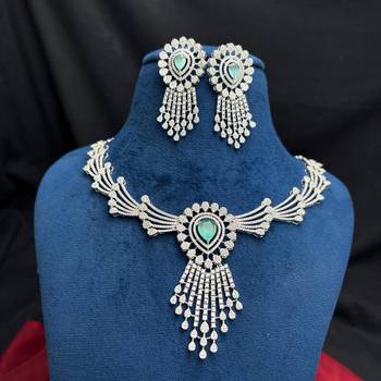 emerald green pear cut cz bridal necklace earrings set, silver art deco statement jewellery 3