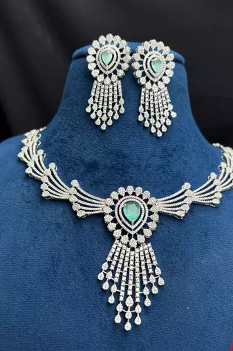 emerald green pear cut cz bridal necklace earrings set, silver art deco statement jewellery