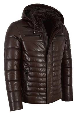Men's brown leather real lambskin handcrafted puffer jacket 2