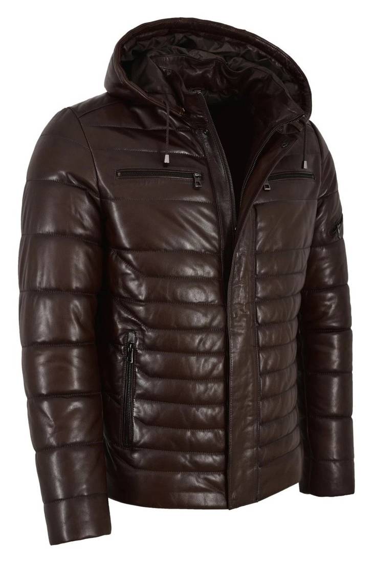 Men's brown leather real lambskin handcrafted puffer jacket