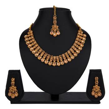 Lct color necklace set with earrings & maang tikka | kundan & agate stone | antique gold plating 1