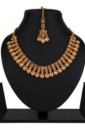 Lct color necklace set with earrings & maang tikka | kundan & agate stone | antique gold plating