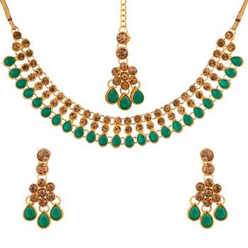 Green color necklace set with earrings & maang tikka | kundan & agate stone | antique gold plating 2
