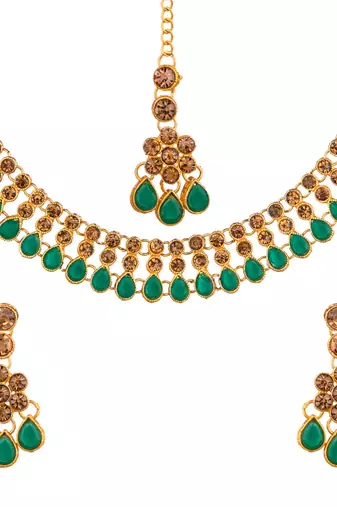 Green color necklace set with earrings & maang tikka | kundan & agate stone | antique gold plating