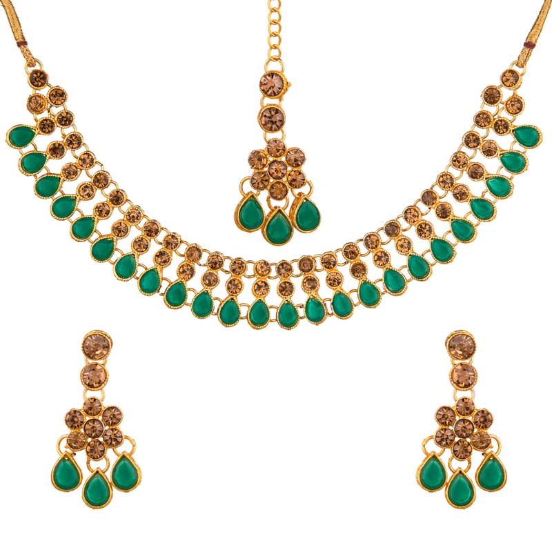 Green color necklace set with earrings & maang tikka | kundan & agate stone | antique gold plating