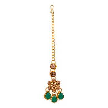 Green color necklace set with earrings & maang tikka | kundan & agate stone | antique gold plating 4