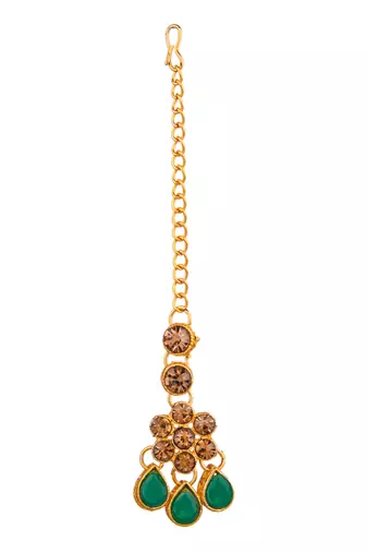 Green color necklace set with earrings & maang tikka | kundan & agate stone | antique gold plating