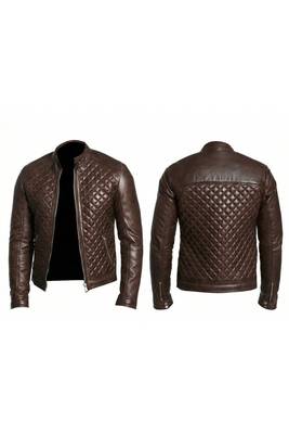 Men's quilted leather street style brown biker jacker 1