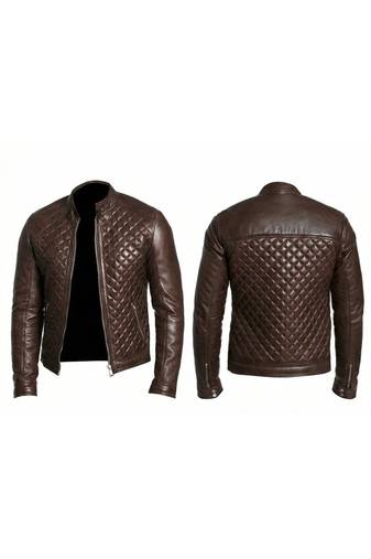 Men's quilted leather street style brown biker jacker